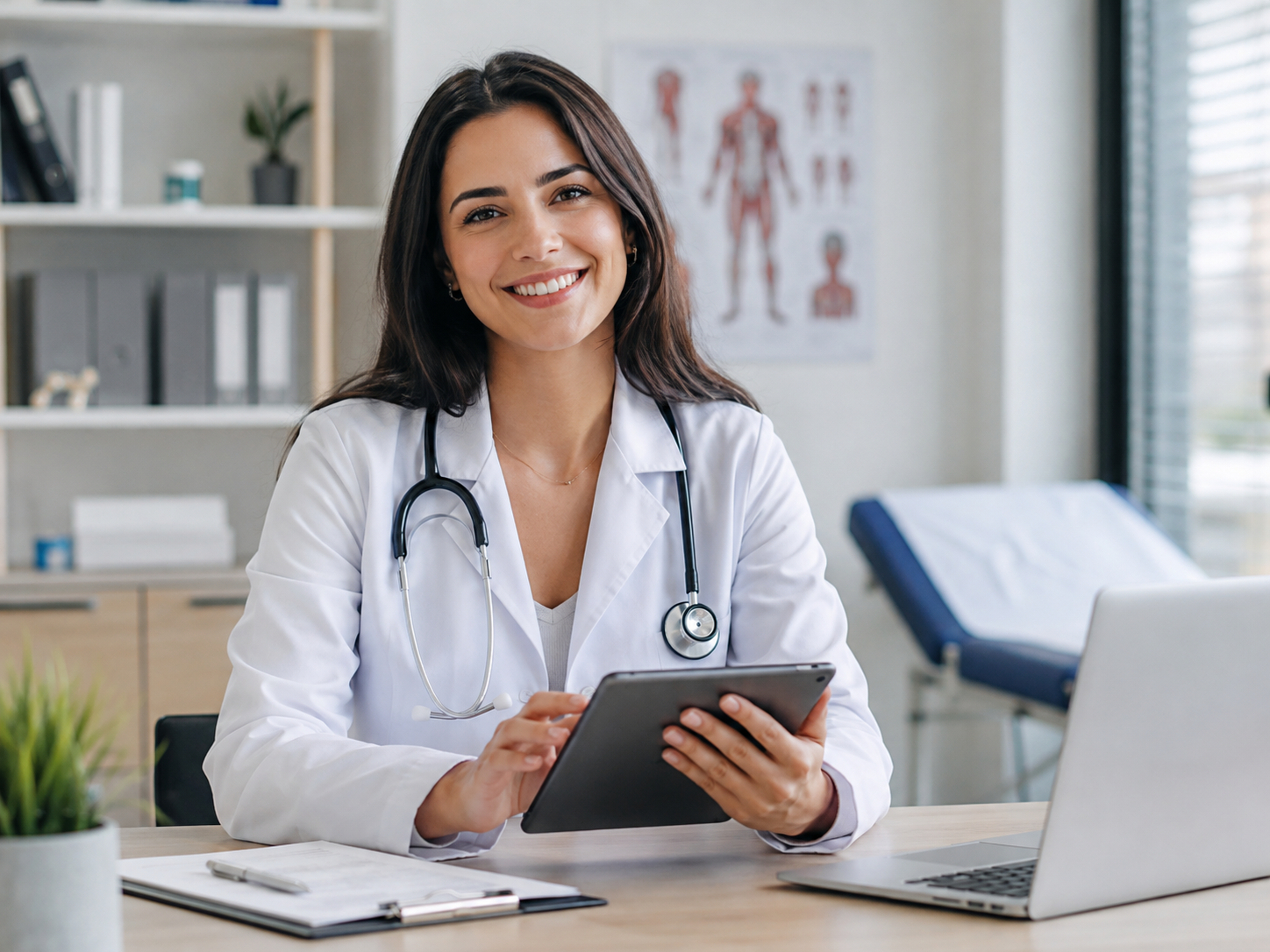 Clinician seated at a desk with a tablet and laptop.