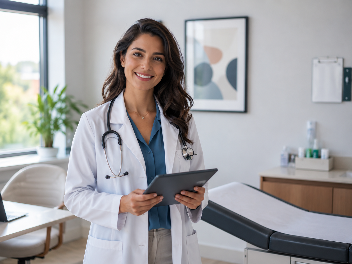 Clinician holding a tablet in a bright examination room.