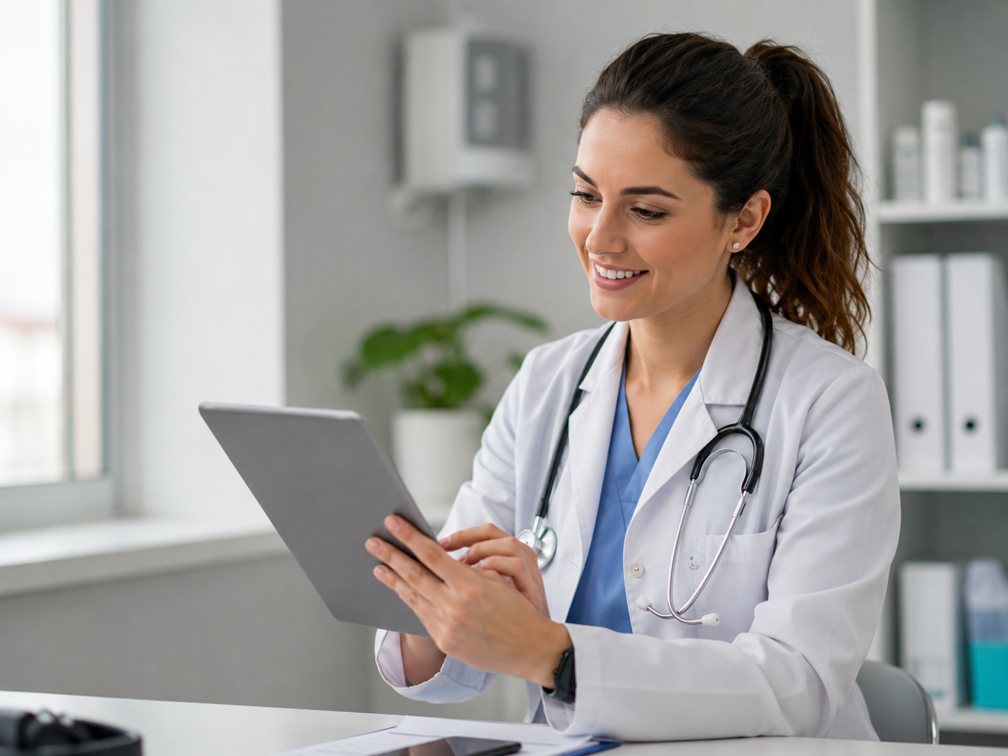 Clinician reviewing information on a tablet at her desk.